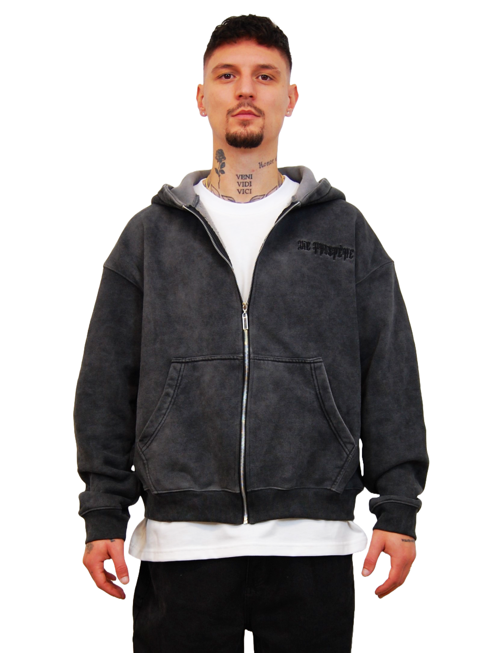 "DREAMS" OVERSIZED ZIPHOODIE "SUCCES & PROSPÉRE" IN WASHED-OUT GREY
