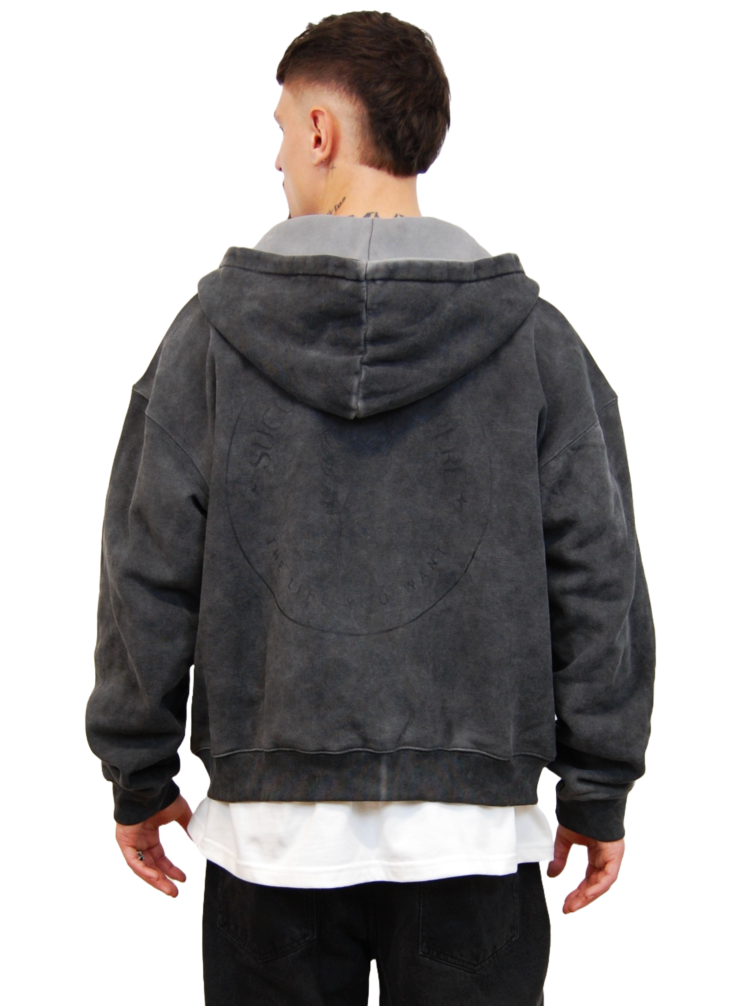 "DREAMS" OVERSIZED ZIPHOODIE "SUCCES & PROSPÉRE" IN WASHED-OUT GREY
